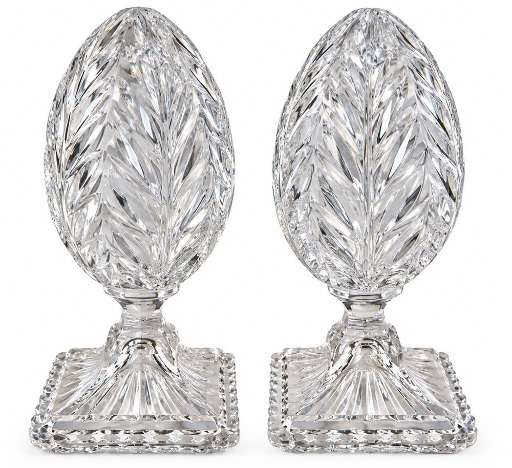 Pair Andaloo Lead Crystal Eggs 7.25” Feather Wheat Leaf Pattern Pedestal
